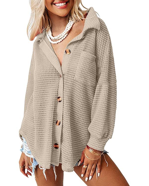 AUTOMET Womens Shackets Waffle Knit Casual Jackets Button Down Flannel Shirts Dressy Tops Fall Cl... | Amazon (US)