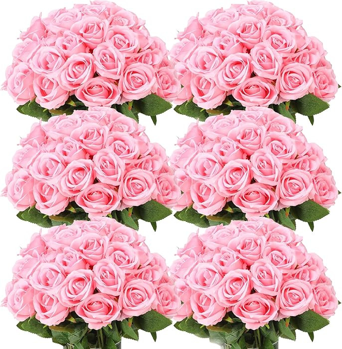 Jexine 50 Pcs Artificial Rose Flower Bulk Realistic Silk Fake Roses with Long Stem Plastic Artifi... | Amazon (US)