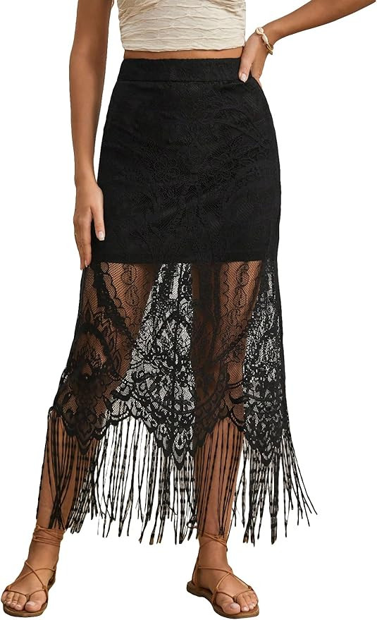 WDIRARA Women's Boho Solid Fringe Hem Lace See through High Waisted Casual Overlay Long Skirt | Amazon (US)