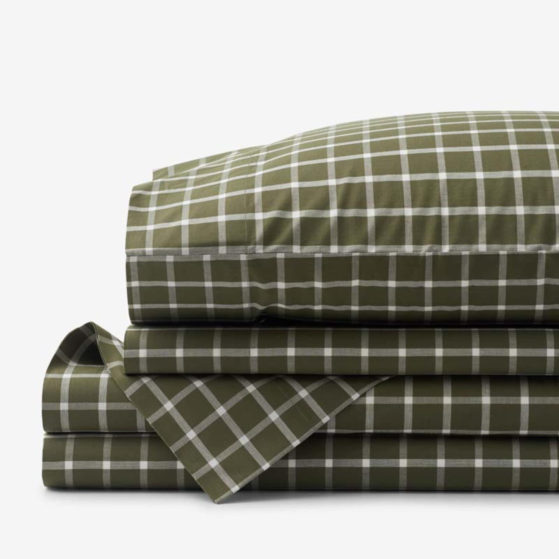 Classic Stripes and Plaids Cool Yarn-Dyed Cotton Percale Bed Sheet Set - Windowpane Green, Queen | The Company Store