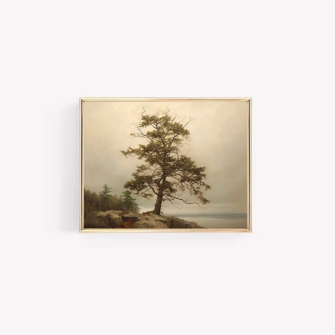 Tree in Rock Print Water Edge Tree Neutral Vintage Digital Print Landscape Painting Modern Vintag... | Etsy (US)