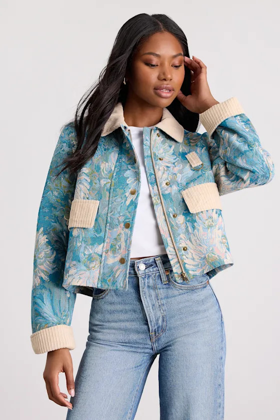 Morrina Teal Blue Multi Floral Jacquard Barn Jacket | Lulus