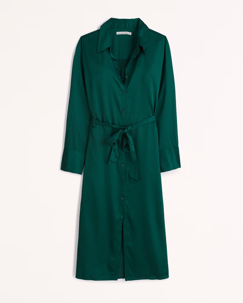 Long-Sleeve Satin Midi Shirt Dress | Abercrombie & Fitch (US)
