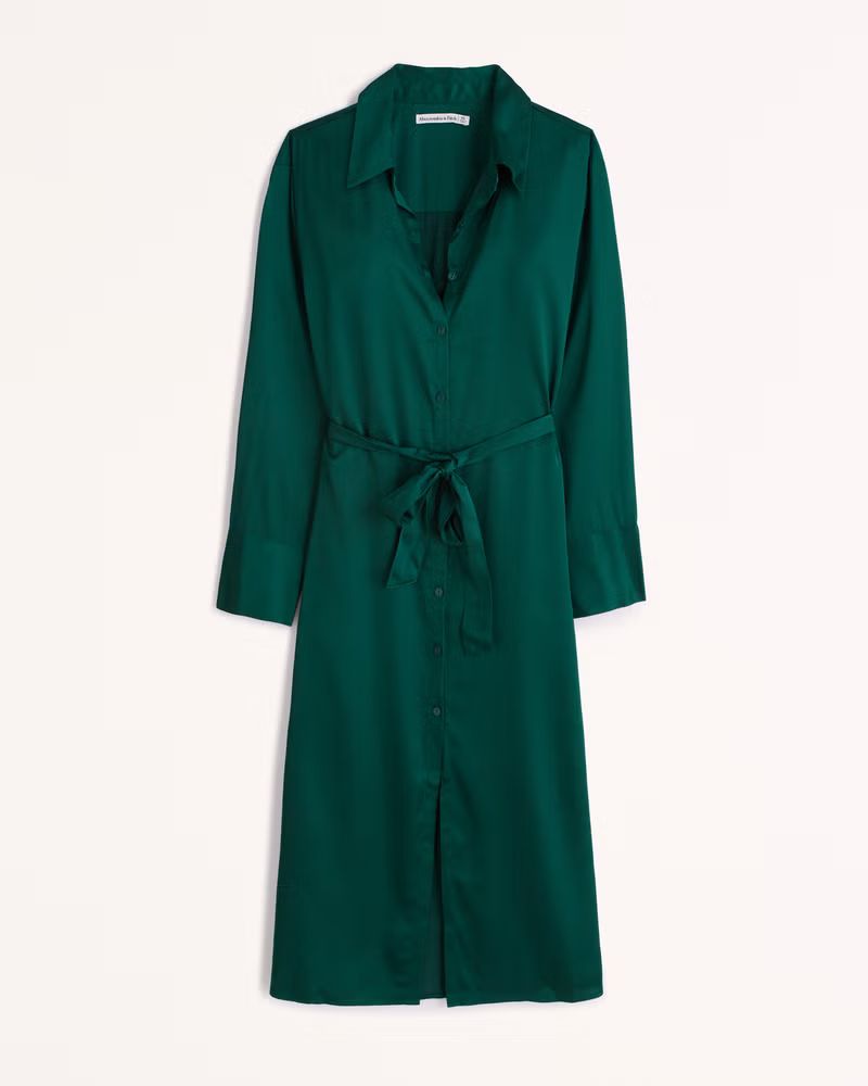 Women's Long-Sleeve Satin Midi Shirt Dress | Women's Dresses & Jumpsuits | Abercrombie.com | Abercrombie & Fitch (US)