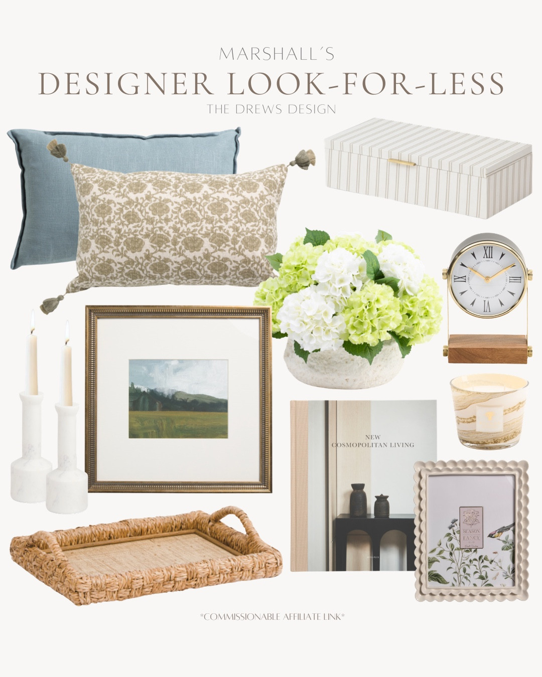Looks for less from Marshall’s include frame, decorative book, tray, wall art, candlestick holder, candle, table clock, faux floral arrangement, decorative pillows, decorative box.

Home decor, spring decor, looks for less, home accents 

#LTKHome #LTKSeasonal #LTKvlog