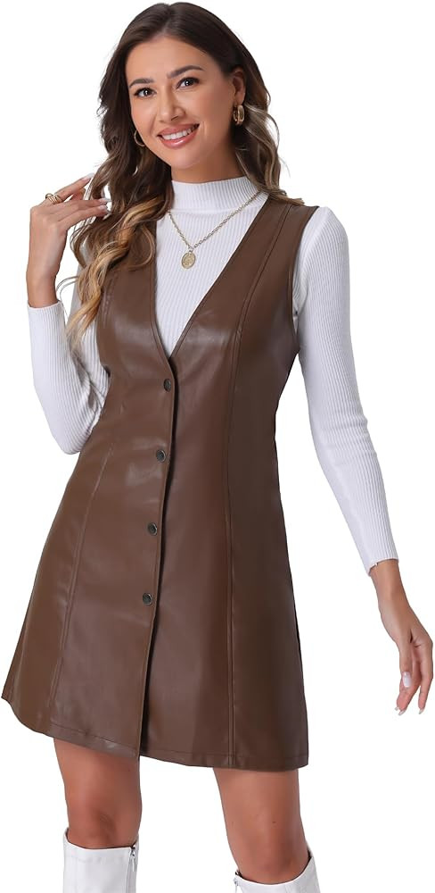 Amazon.com: Allegra K Faux Leather Dress for Women's Pinafore Button Down V Neck Sleeveless Mini ... | Amazon (US)