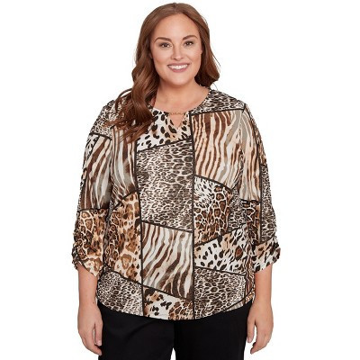 Alfred Dunner Womens Plus-Size Puff Print Animal Colorblock Top,Tan,Size 3X | Target