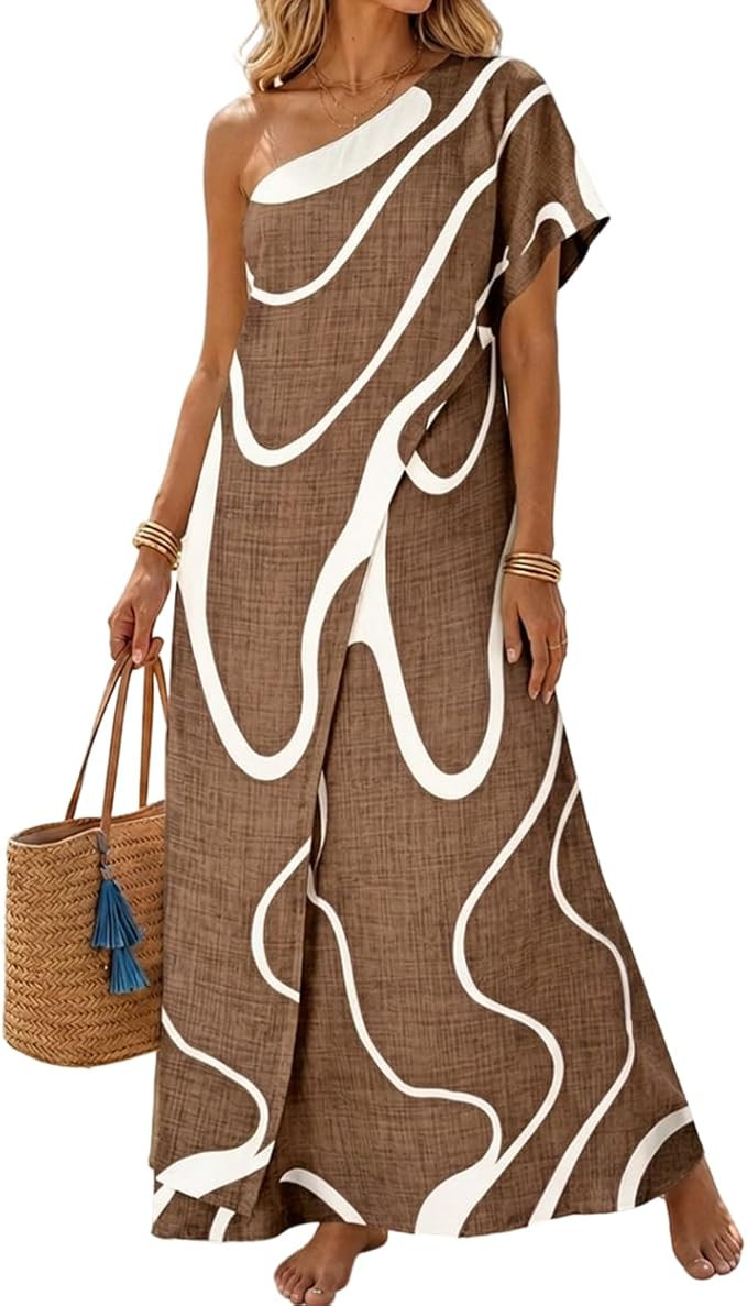 CHICME Maxi Dresses for Women Abstract Print Boho Summer Dress One Shoulder Faux 2 Piece Casual D... | Amazon (US)