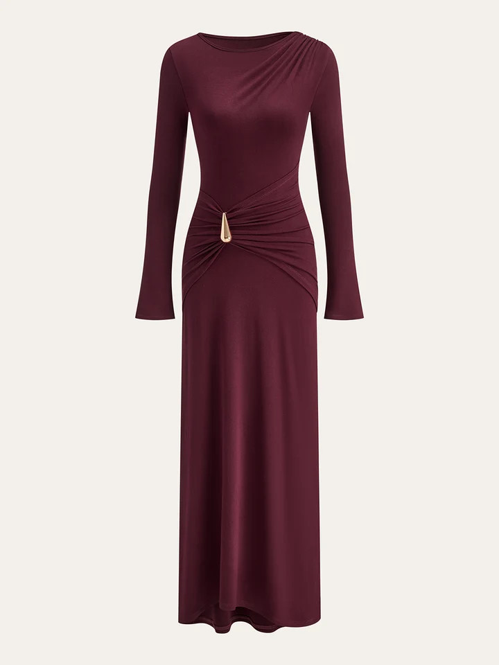 Upgraded | Metal Buckle Long Sleeve Ruched Maxi Dress | Commense