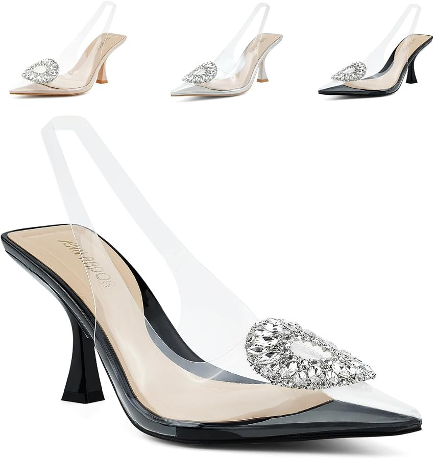 JENN ARDOR Clear Kitten Heels Sandals Slingback Closed Pointed Toe Crystal Rhinestones Wedding Br... | Amazon (US)