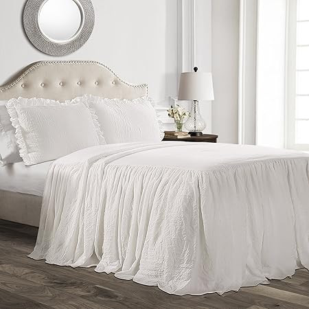 Lush Decor Ruffle Skirt Bedspread White Shabby Chic Farmhouse Style Lightweight 3 Piece Set, King | Amazon (US)