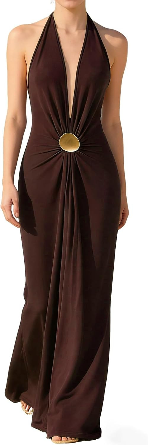 OYOANGLE Women's Halter Maxi Dress Deep V Neck Sexy Wedding Guest Dresses | Amazon (US)