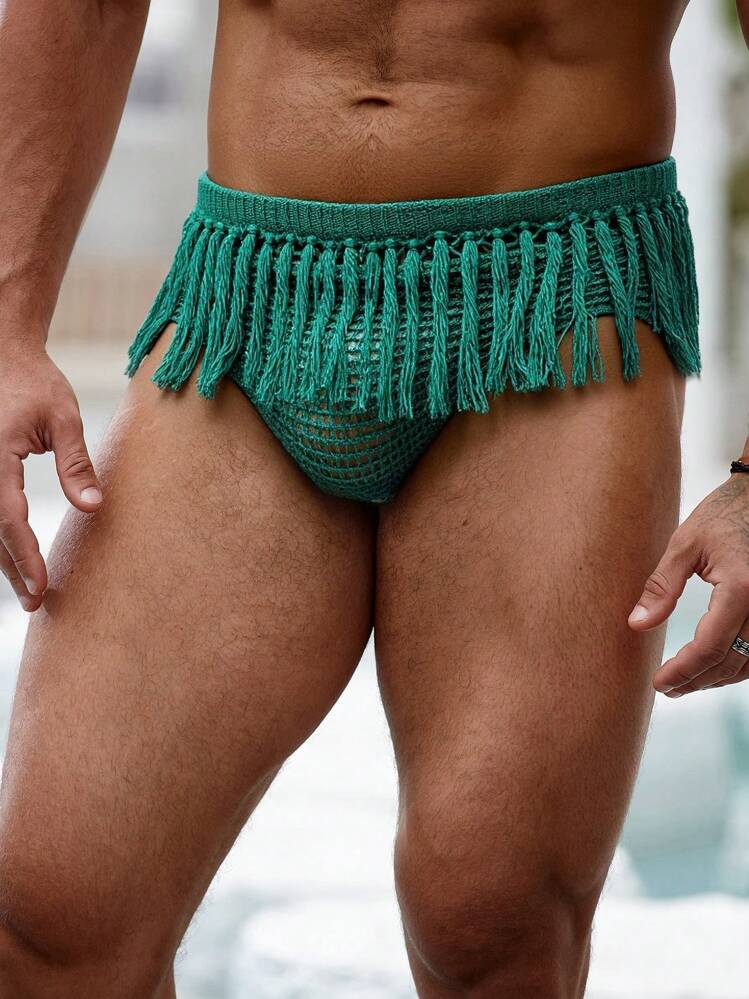 Manfinity Swimmode Men's Resort Beach Tassel Decorated Knit Triangle Shorts Men Fringe Swimwear Men Green Swimwear Crochet Swimwear Men Men Thong Swimwear Fringe Swim Trunks Summer Dress | SHEIN