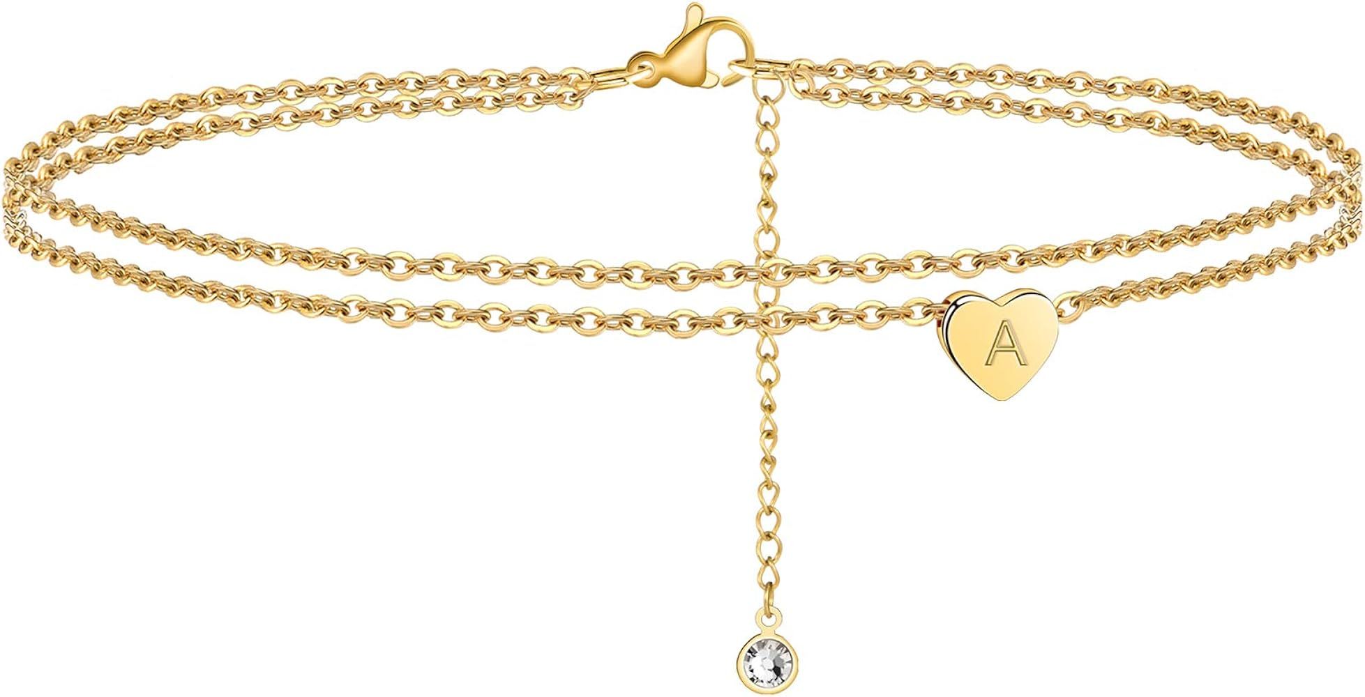 Ankle Bracelets for Women, 14K Gold Plated Dainty Layered Heart Initial Anklets for Women Teen Gi... | Amazon (US)