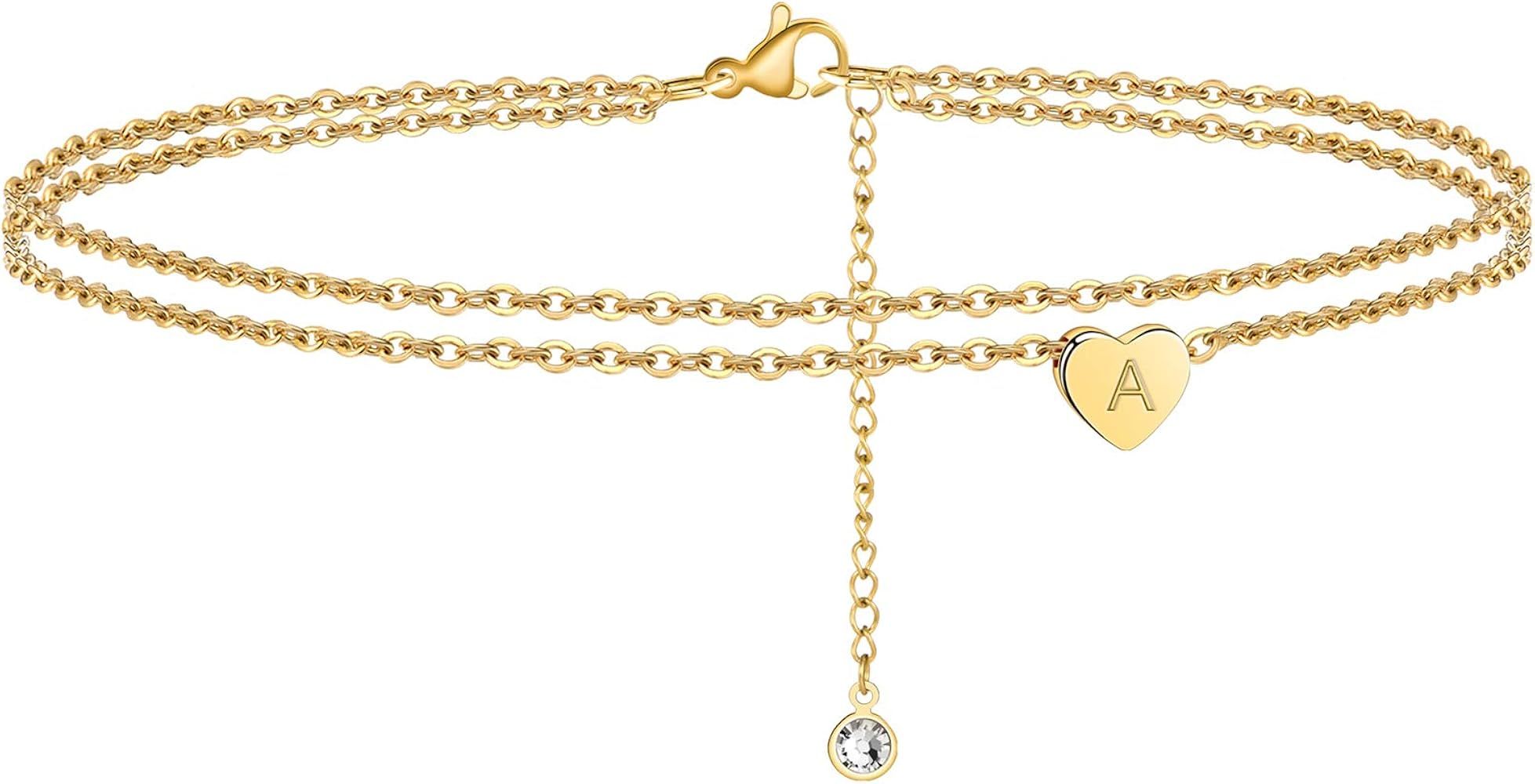 Ursteel Ankle Bracelets for Women, 14K Gold Plated Dainty Layered Heart Initial Anklets for Women Te | Amazon (US)