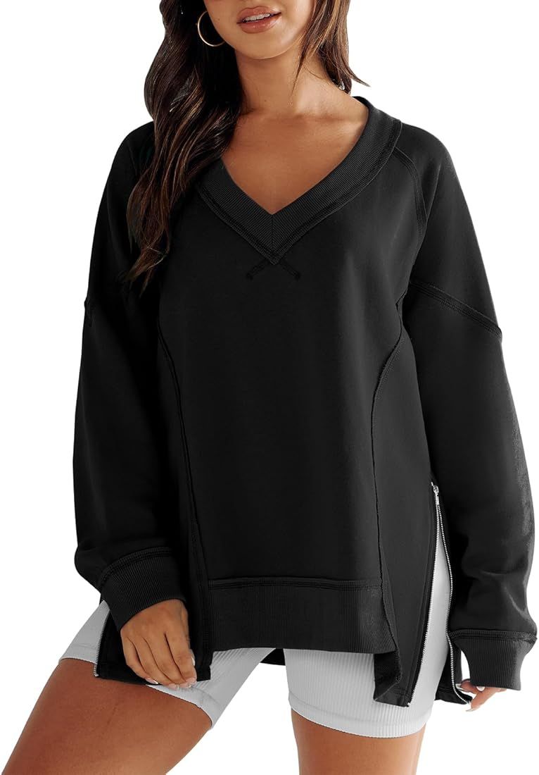 Caracilia Women Oversized Sweatshirts Hoodies V Neck Long Sleeve Drop Shoulder Fall Pullover Shir... | Amazon (US)