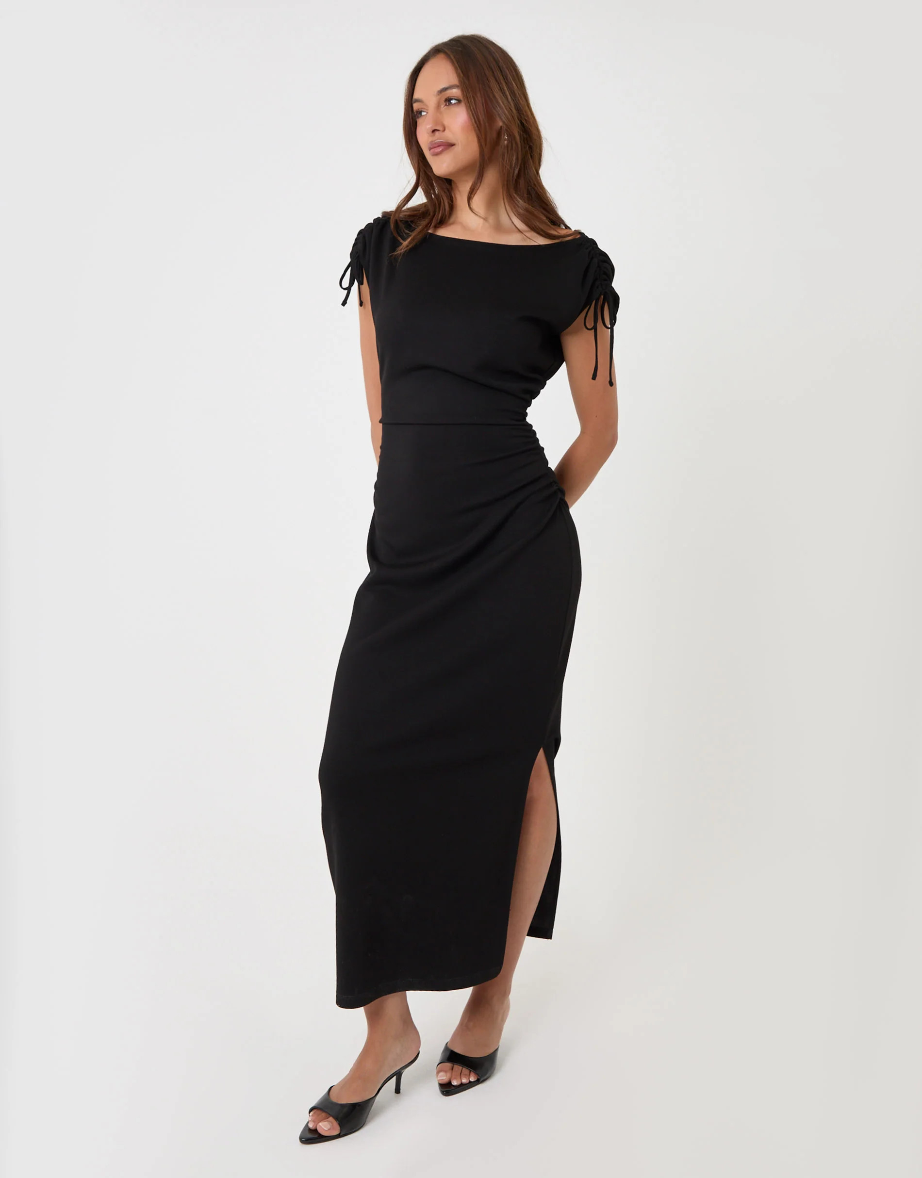 Ruched Shoulder Tie Midi Dress in Black | Threadbare UK