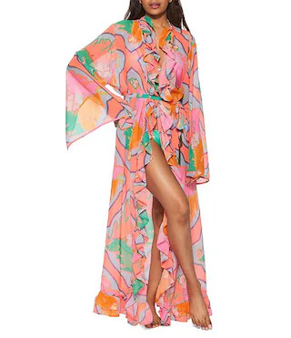Ruffle Trim Belted Robe Swim Cover-Up | Dillard's
