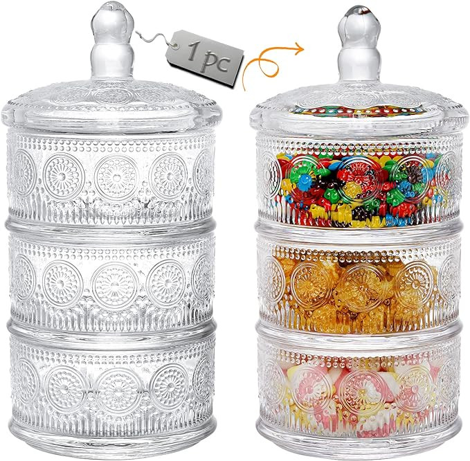 Kingrol 45 Ounces Stackable Food Storage Container with Lid, 3-Tier Glass Canister for Kitchen Ba... | Amazon (US)