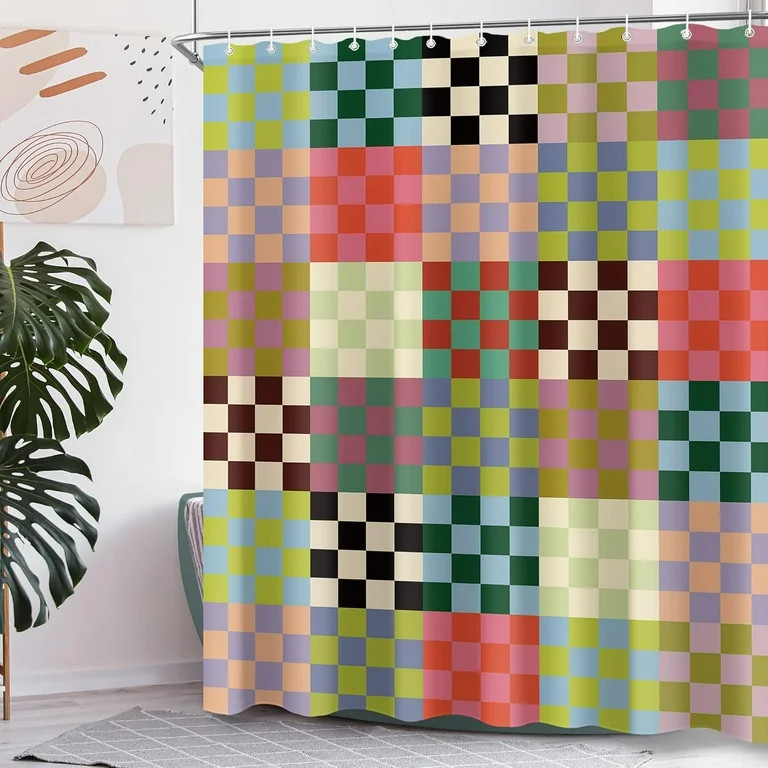 Retro Colorful Checkered Shower Curtain Sets for Bathroom Multicolor Checkerboard Groovy Aestheti... | Walmart (US)
