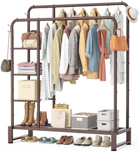 Double Rods Clothes Rack Clothing Rack with 4 Tier Storage Shelves Clothes Rack for Hanging Clothes Multifunctional Heavy Duty Clothes Organizer with Hooks for Bedroom,Wardrobe Closet,Shop,Brown | Amazon (US)