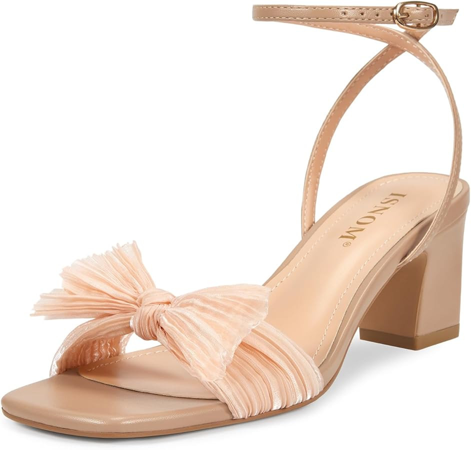 ISNOM Women's Bow Knot Heeled Sandals Ankle Buckle Strap Open Toe Block Chunky Heels Bride Weddin... | Amazon (US)