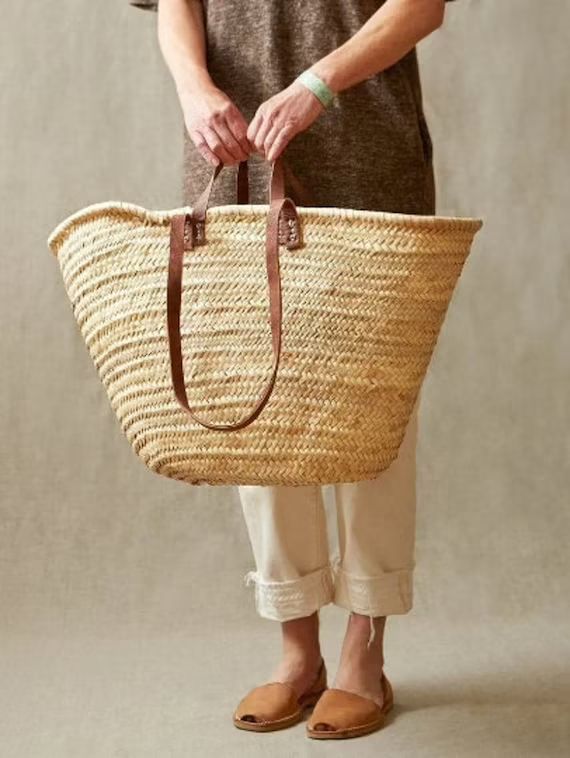 60% off STRAW BAG Handmade With Leather French Market Basket - Etsy | Etsy (US)