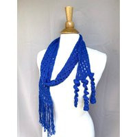 Royal Blue Wrap Scarf With Fringe & Corkscrews, Skinny Scarf, Mesh Lace, Hand Crochet, Women Teen Girls, Cotton Bamboo | Etsy (US)