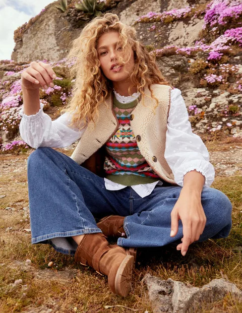 Borg Button Gilet - Natural Faux Fur | Boden UK | Boden UK