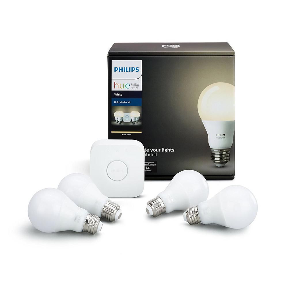 Philips Hue White A19 LED 60W Equivalent Dimmable Smart Wireless Lighting Starter Kit (4 Bulbs and B | The Home Depot