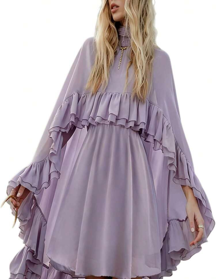 2026 Spring/Summer Best-Selling New Arrivals Women's Semi-Sheer Chiffon Ruffle Poncho Sleeve Dres... | SHEIN