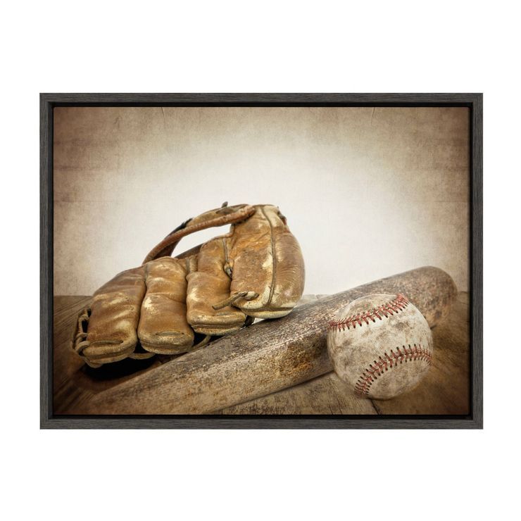 18" x 24" Sylvie Baseball Glove And Bat Framed Canvas by Shawn St. Peter Gray - DesignOvation | Target
