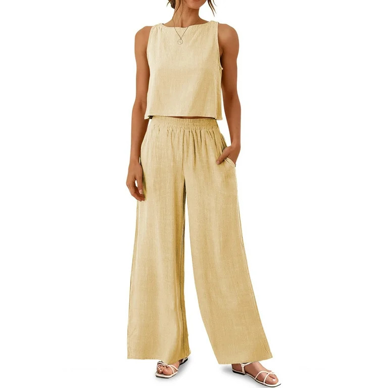 MOSHU Two Piece Lounge Sets for Women Loose Fit Tank Tops and Wide Leg Pants with Pockets Solid S... | Walmart (US)