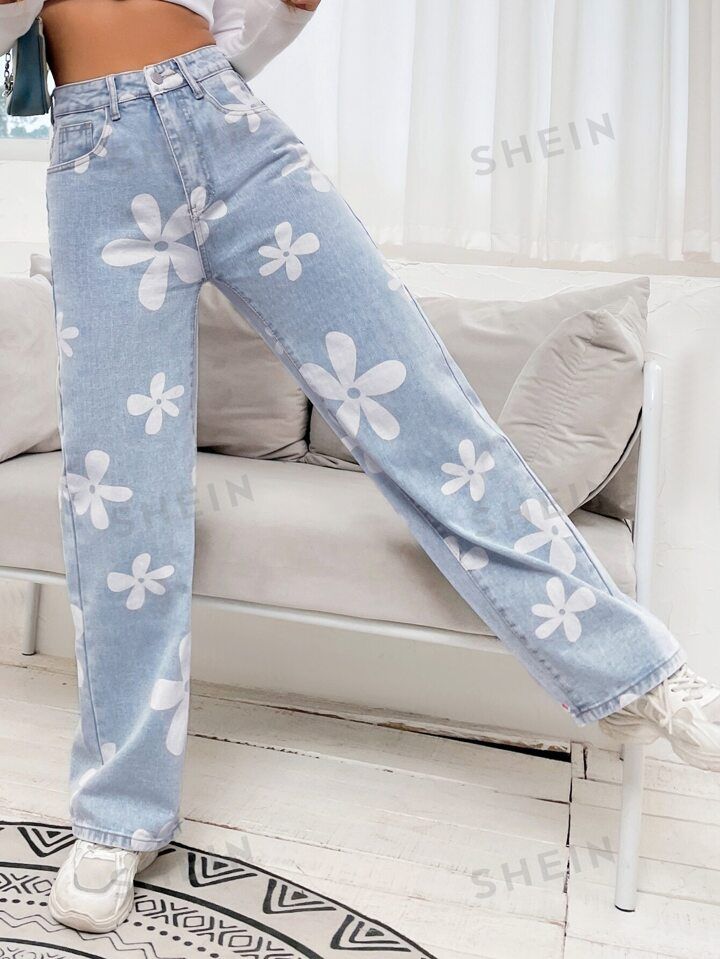 SHEIN EZwear Floral Print Straight Leg Jeans | SHEIN
