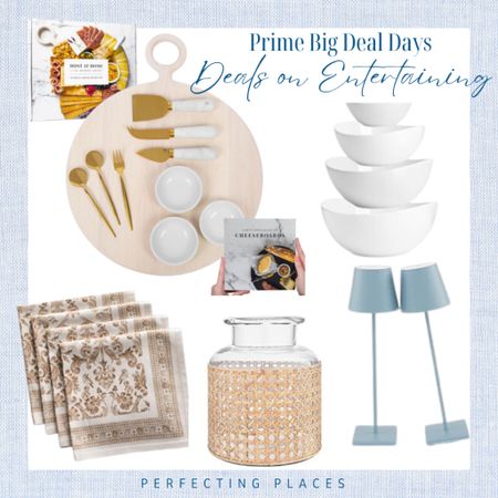 Shop Amazon Prime Big Deal Days for deals on entertaining — charcuterie board set, white serving bowl set, blue dimmable lamps, brown and white printed cloth napkins, rattan wrapped glass vase

#LTKhome #LTKxPrime #LTKparties