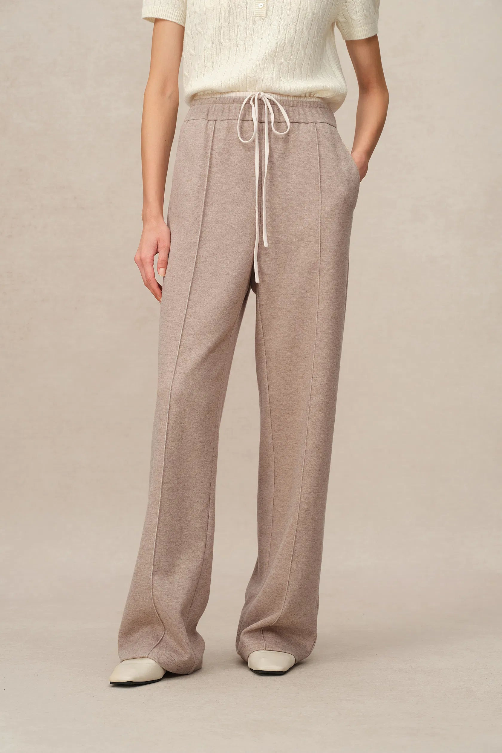 Icy Double Waistband Casual Trousers in Wool Blend Terry Knit | Fabrique