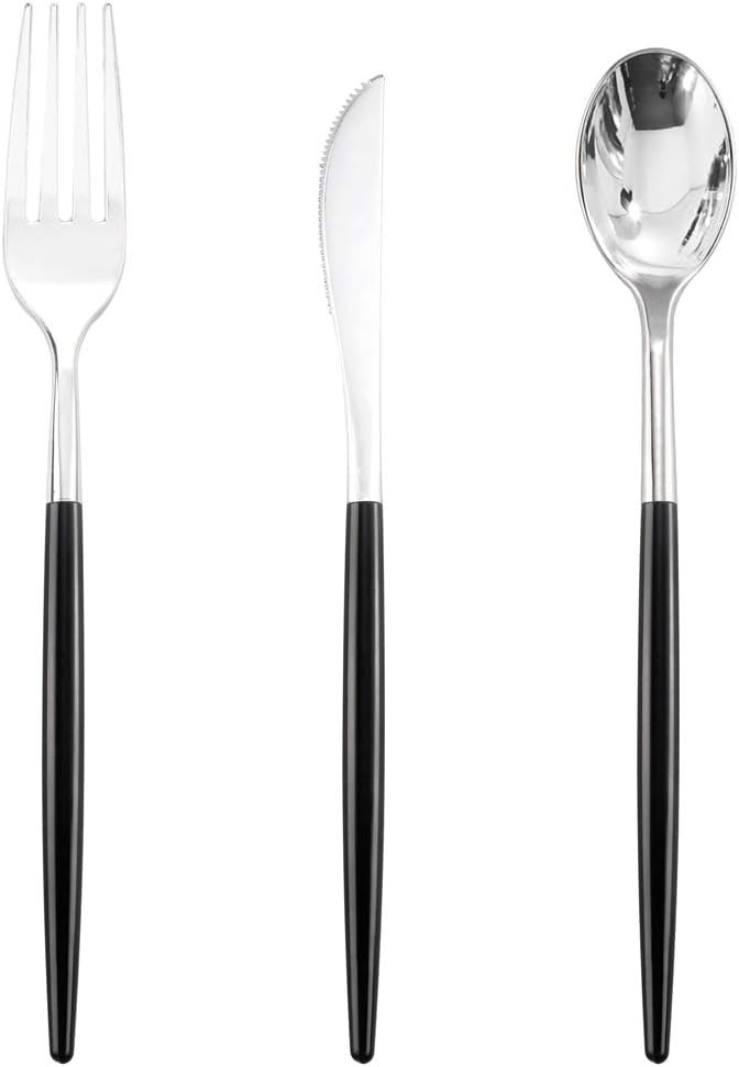 DaYammi 144PCS Black Silver Plastic Silverware, Heavy Duty Silver Disposable Utensils with Black ... | Amazon (US)