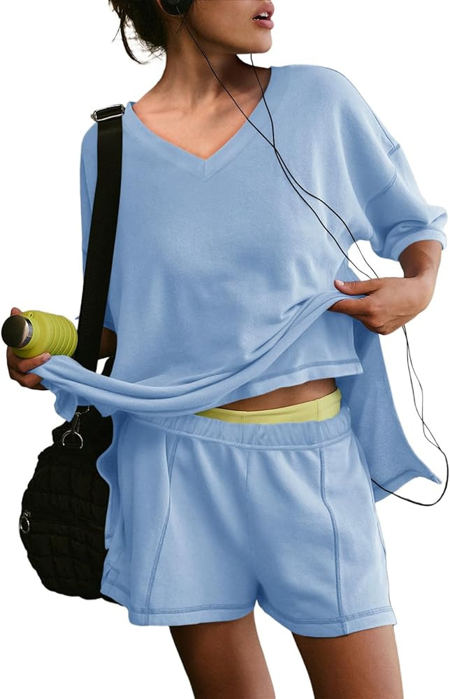 Yousify Womens 2 Piece Sets Summer Outfits 2025 Lounge Set 3/4 Sleeve Oversized Tops And Elastic ... | Amazon (US)