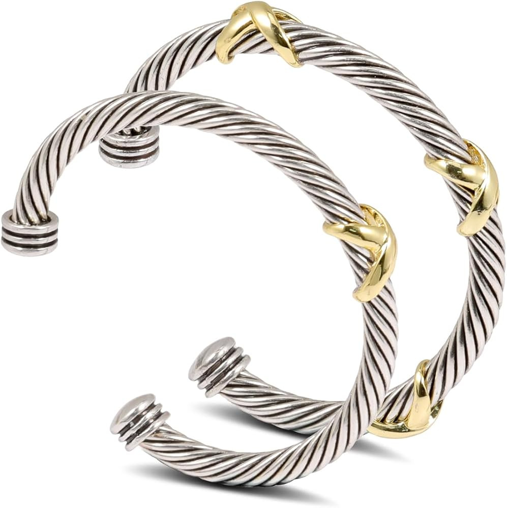 2PCS Twisted Cable Cuff Bracelet Set Fashion Two Tone Adjustable Bracelet Gold and Silver Bangle ... | Amazon (US)