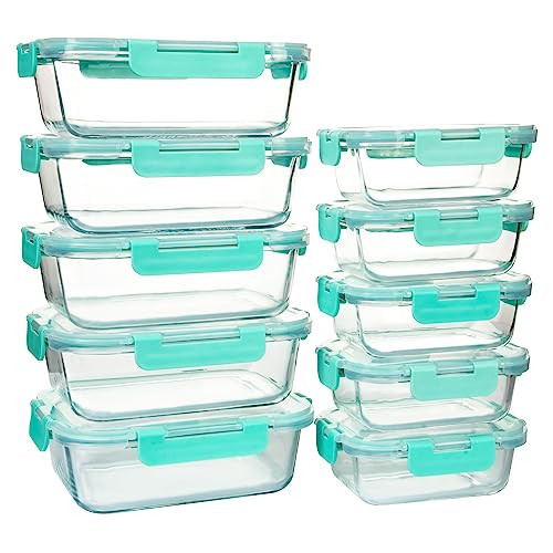 UMEIED 10 PACK Glass Food Storage Containers with Leak Proof Lids, Glass Airtight Meal Prep Containers Set for Lunch, On the Go, Leftover, Kitchen Pantry Organizers and Storage (Mint Green) | Amazon (US)