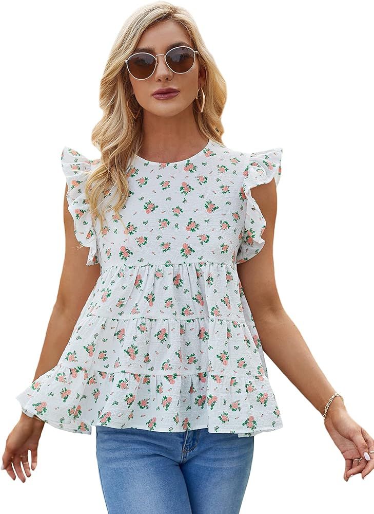 Romwe Women's Boho Floral Print Short Sleeve Ruffle Hem Babydoll Tops Shirts Blouse | Amazon (US)