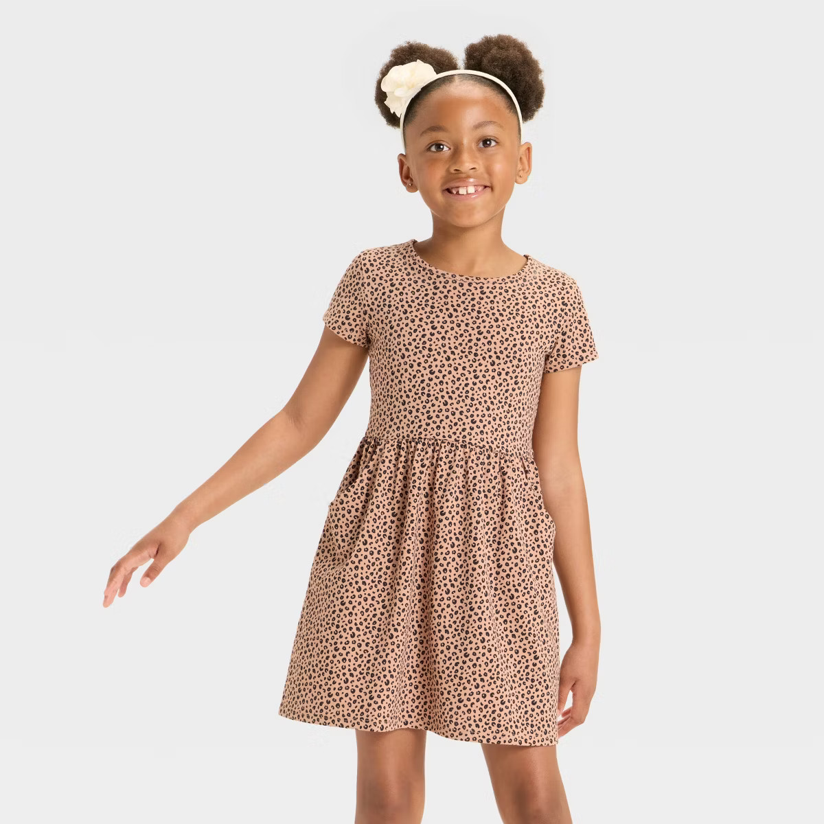 Girls' Short Sleeve 'Animal' Printed Knit Dress - Cat & Jack™ Beige XS | Target