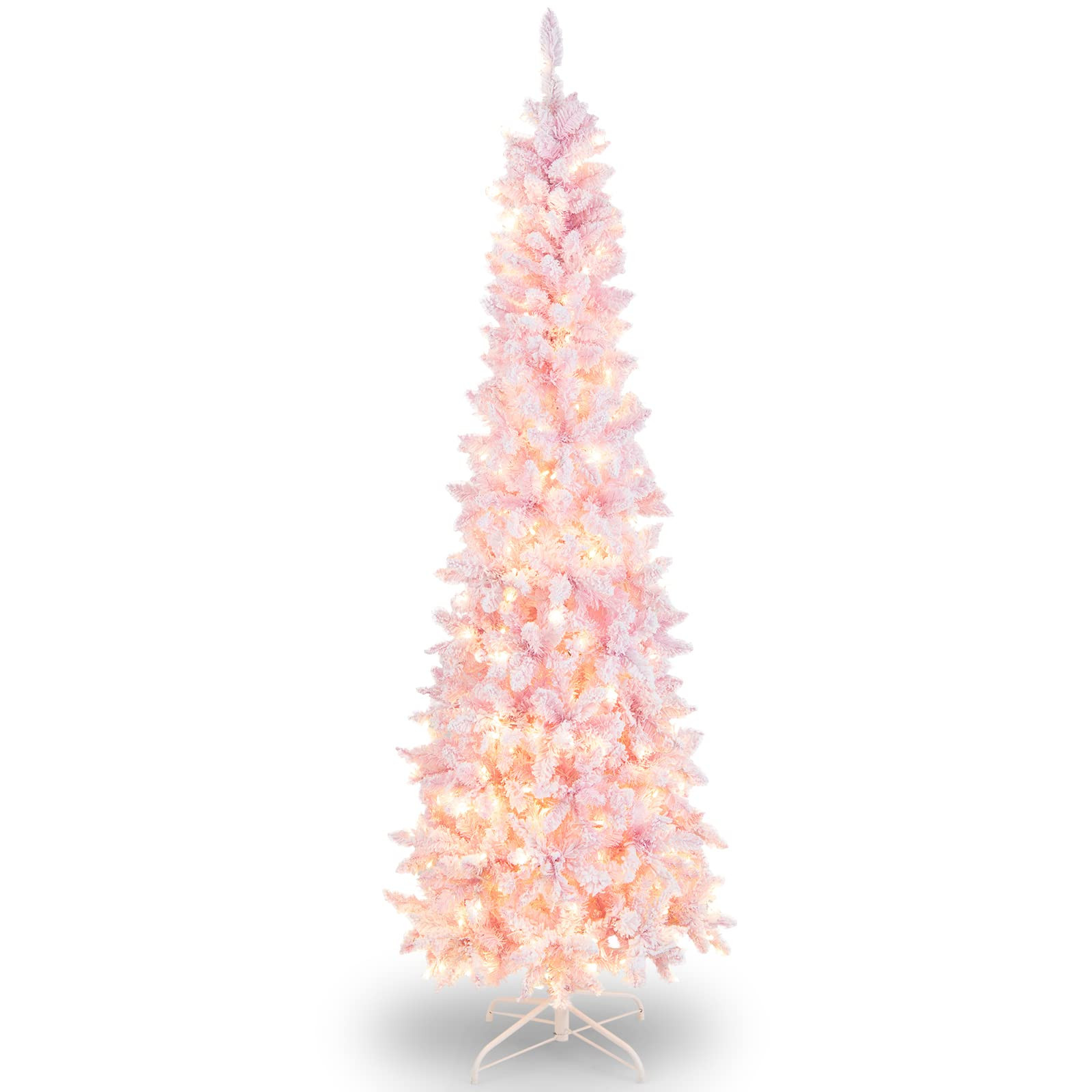 Goplus 7ft Pink Pre-Lit Pencil Christmas Tree, Snow Flocked Artificial Slim Tree with 800 Branch ... | Amazon (US)