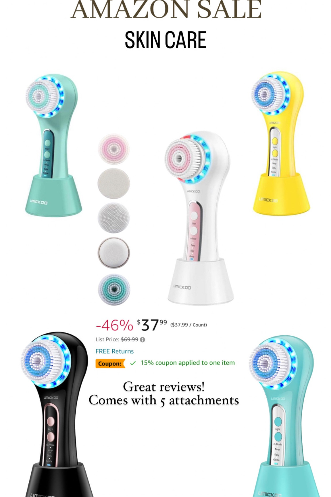 56% off right now! facial cleansing brush with 5 brush heads. #facescrubber #facialbrushes #cleansingbrush #facecare #skincare 

#LTKbeauty #LTKunder50 #LTKxPrimeDay