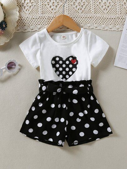 Toddler Girls Heart Print Tee & Polka Dot Print Belted Shorts | SHEIN