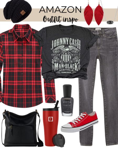 Amazon outfit inspo includes red flannel, Johnny Cash graphic tee, grey jeans, red converse, red tumbler, black nail polish, black tote purse, red earrings, black Kendra Scott necklace, and black beanie.

Fall fit, outfit inspiration, outfit inspo, winter fit, Amazon finds, Amazon outfit, flannel

#LTKfit #LTKunder50 #LTKstyletip