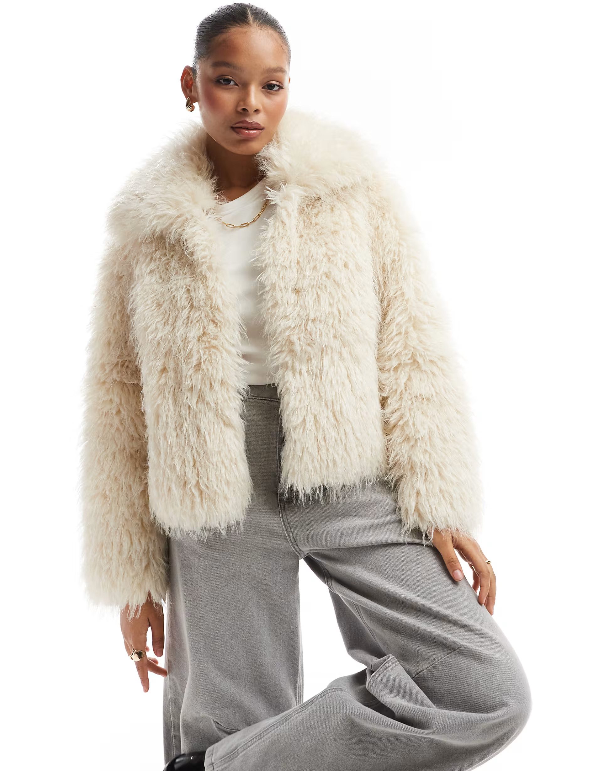 Stradivarius shaggy faux fur jacket in ecru | ASOS (Global)