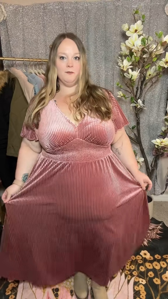 This dress lays so beautifully — flattering through the bust, defined at the waist, and flowy without clinging anywhere. It feels polished, comfortable, and really confident the second it’s on. Such a good one.
plus size velvet dress, pleated midi dress, v neck plus size dress, wedding guest dress, flattering formal dress

#LTKMidsize #LTKPlusSize #LTKWedding
