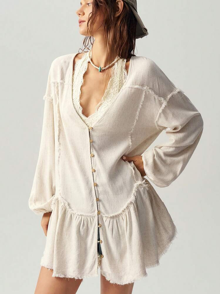 NewBohemela Vacation Casual Solid Color V-Neck Ruffled Loose Chiffon Blouse For Women | SHEIN
