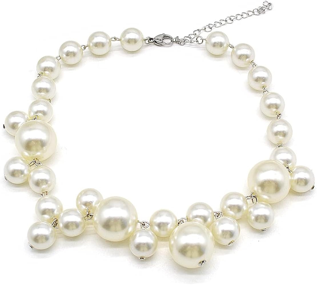 Faux Pearl Choker Necklace for Women,Silver Chain Statement Chunky Beaded Pearl Necklaces for Wom... | Amazon (US)